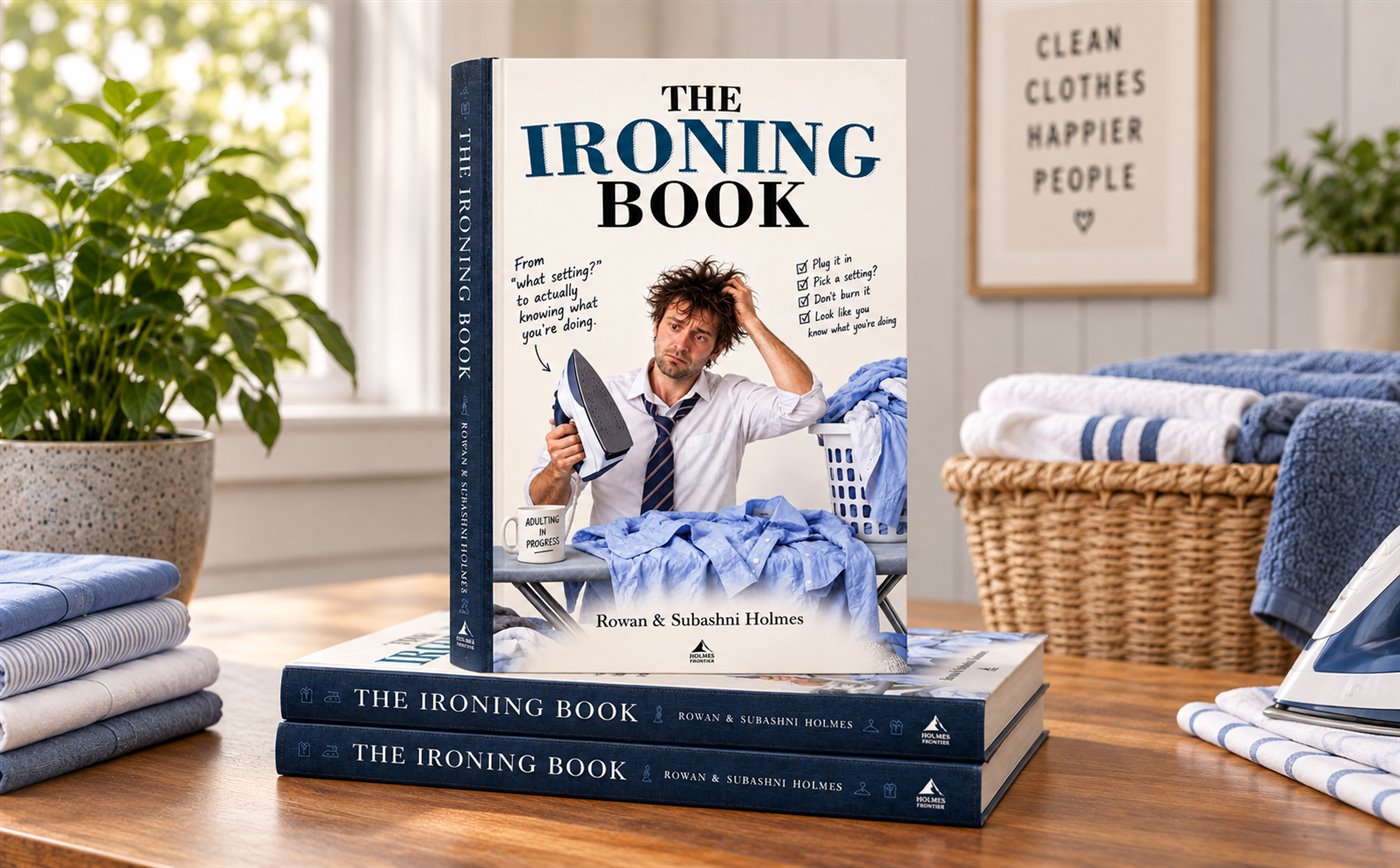The Ironing Book displayed in a laundry room