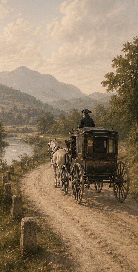 Horse-drawn carriage travelling through eighteenth-century Europe